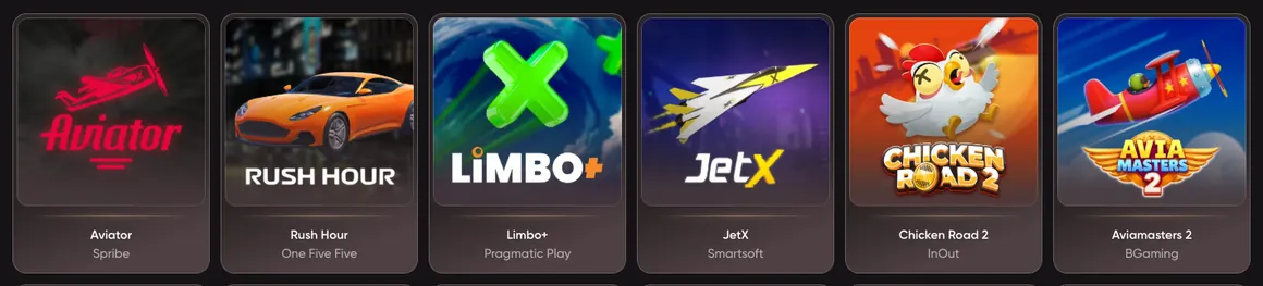 Плитки мгновенных игр EpicStar: Aviator от Spribe, Rush Hour, Limbo+, JetX, Chicken Road 2, Aviamasters 2.